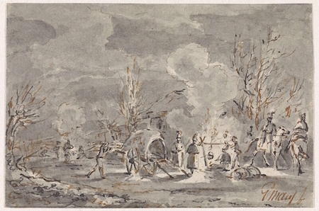 legerplaats met soldaten rond kampvuur (gerardus emaus de micault, 1799)